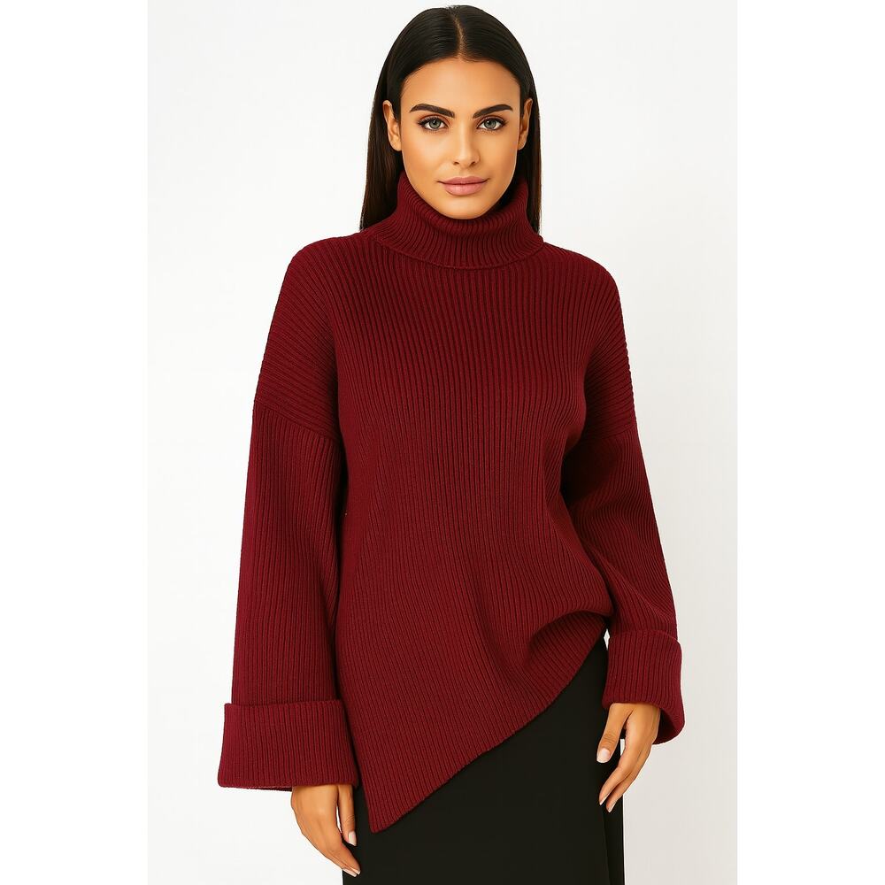 Merokeety Women's Turtleneck Sweater Asymmetric Hem Ribbed Knit Long Sleeve, M